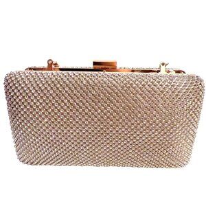 Sparkling Rhinestone Evening Clutch Purse Rose Gold Frame Link Chain Strap Linin